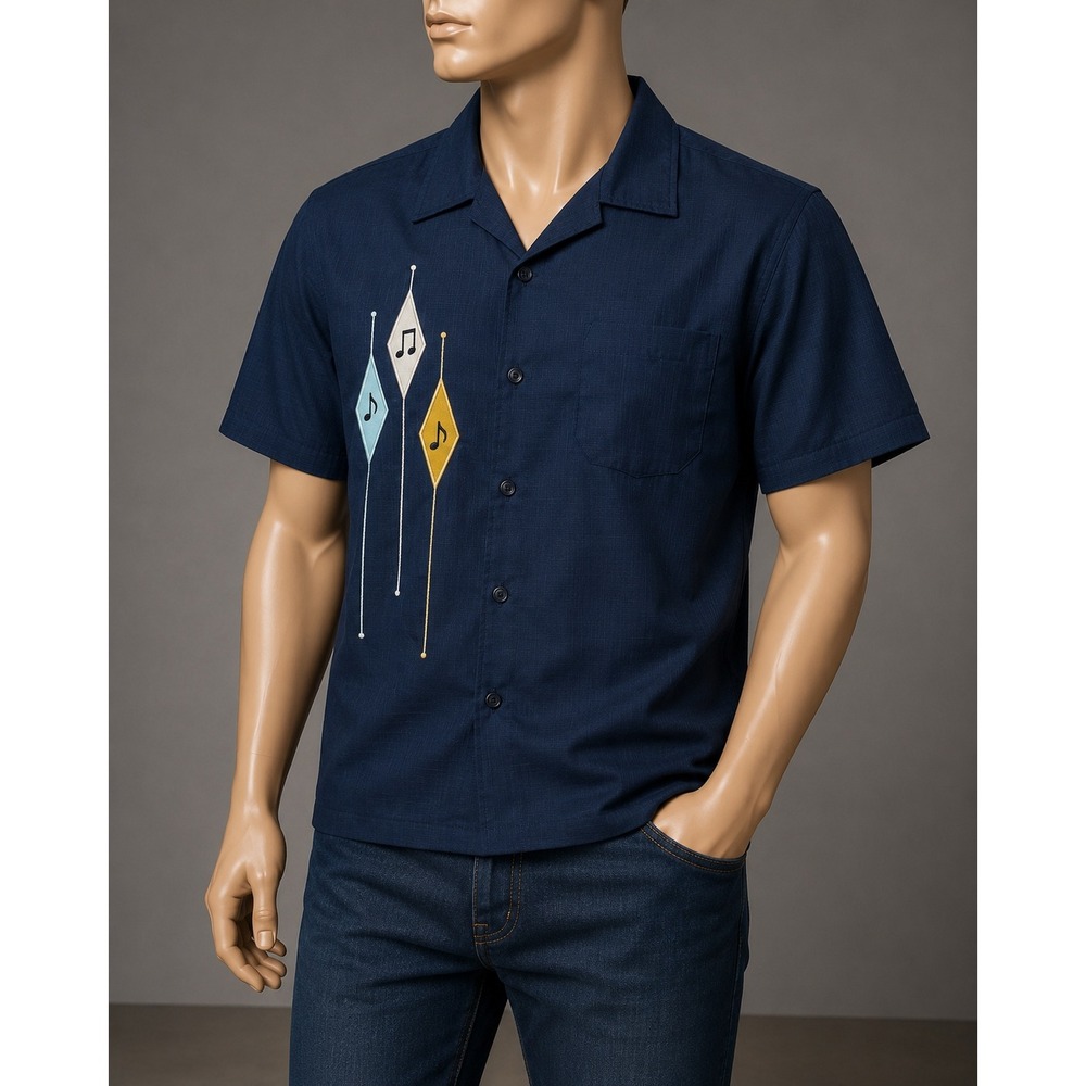 Steady Lasting Clothing Mens Navy Blue Atomic Music Note Bowling Shirt Large